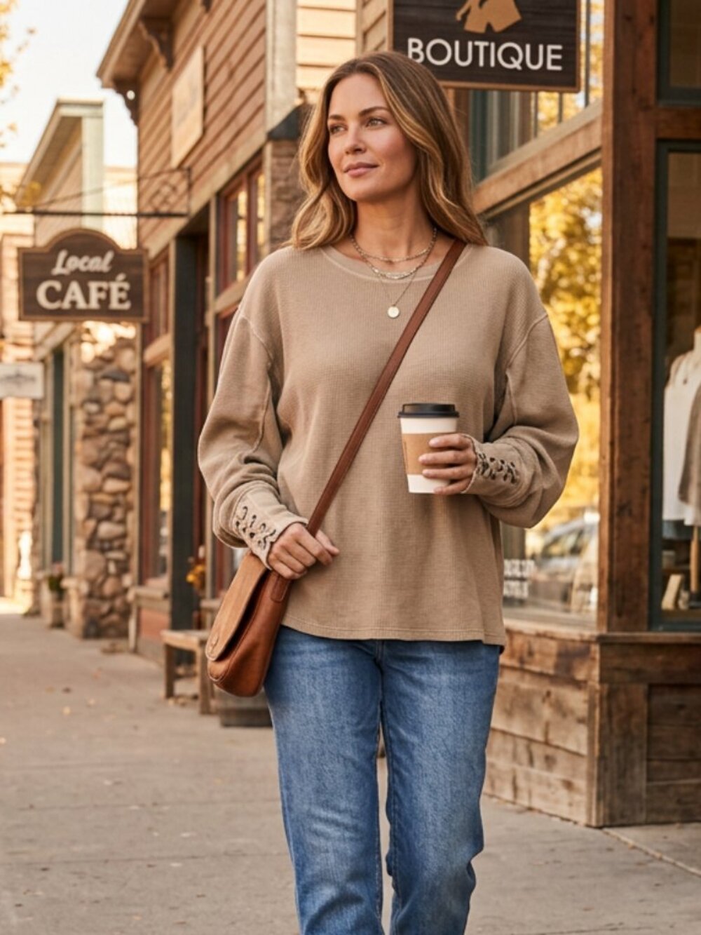 We The Free Lapis Cuff Long Sleeve Top Tan M Oversized Waffle Knit